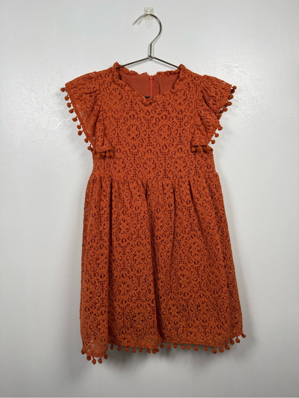 Girls Rust Lace Dress Size Boho Cottagecore Flutter Sleeve Pom Pom Trim Size 6